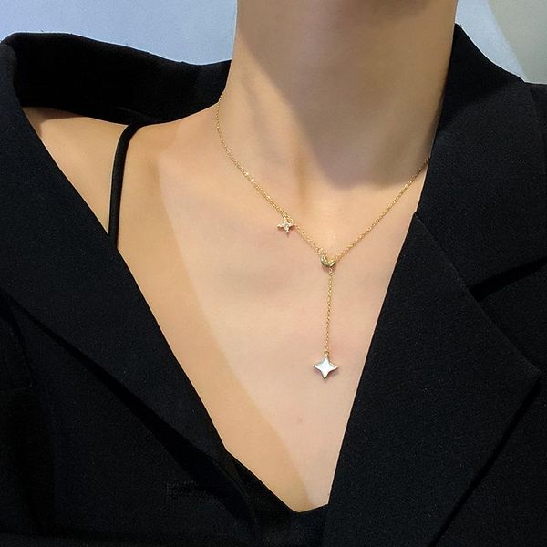 

chains south korea's cold wind four-pointed star retro and moon necklace net red temperament titanium steel female niche clavicle, Silver