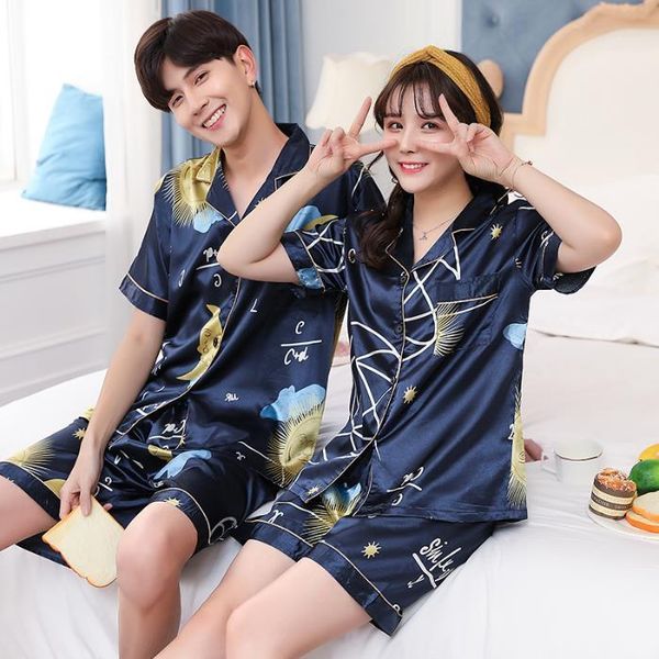 

silk pajama for couple summer cool lovers' sleepwear korean casual print thin pyjamas for women men short sleeve home suit, Black;red