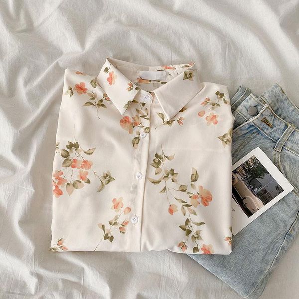 

women's blouses & shirts 2021 summer sweet and versatile feeling printed white long sleeve shirt