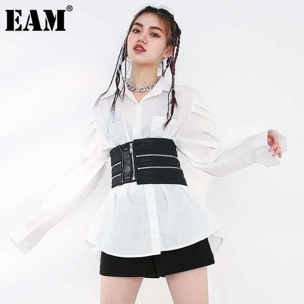 

eam] women irregular zipper leather big size blouse new lapel long puff sleeve loose shirt fashion spring autumn 2021 1z59400, White