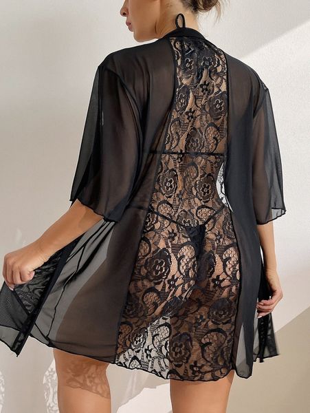 

contrast floral lace kimono i3ik#, White;black