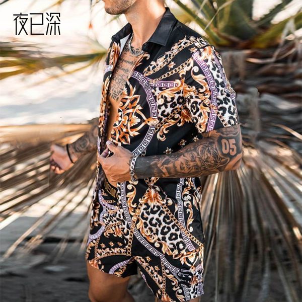 

2021 spring printed quick dry loose short sleeve shirt casual men's, Gray;blue