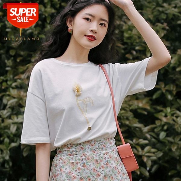 

cotton basic flower applique female t shirt korea harajuku o collar white casual streetwear buttons loose tshirt women tee #my6n