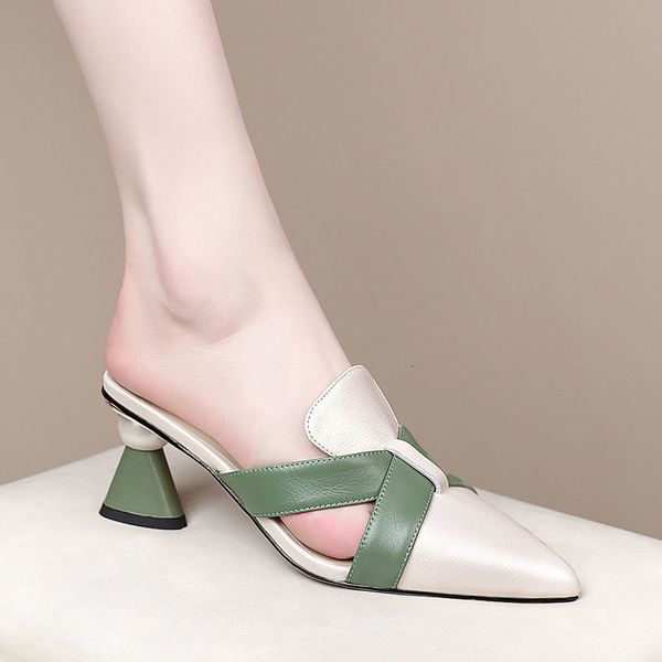 

Slippers Close apontou toe chinelos mulher, saltos altos lados, sapatos de verão salto estranho, couro macio, fora vestindo, preto, bege, dr, Black