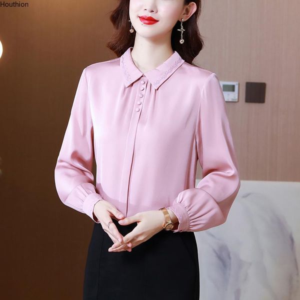 

women's blouses & shirts silk satin loose fashion casual long sleeve blusas solid color autumn houthion, White