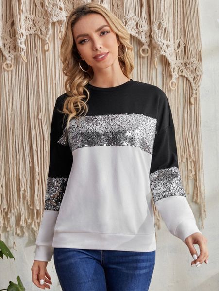 

emery rose drop shoulder colorblock contrast sequin sweatshirt t1nk#, White;black