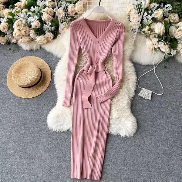 

sweater long dress women 2021 v neck long sleeves knitted dresses sashes elastic korean streetwear fashion midi dress, Black;gray