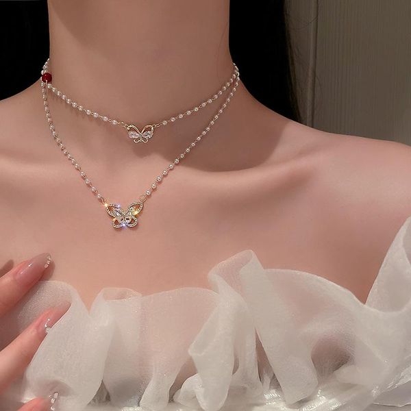 

pendant necklaces u-magical fairy cubic zircon imitation pearl butterfly necklace for women shining rhinestone beaded jewelry, Silver