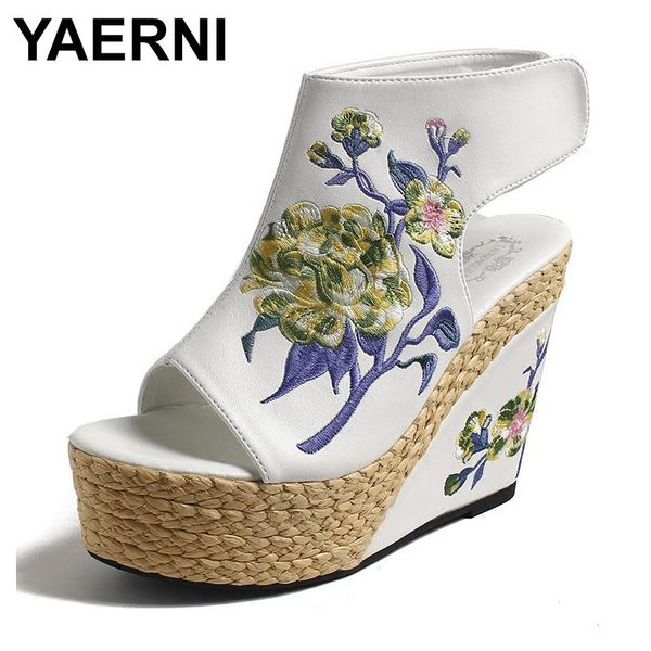 

sandals yaerni2021 national wind straw embroidery fashion platform shoes women high heel genuine leather wedge, Black