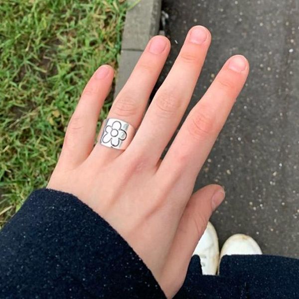 

wedding rings vintage wide version flower silver color plated metal for women men couple's hip hop open adjustable ring jewelry, Slivery;golden