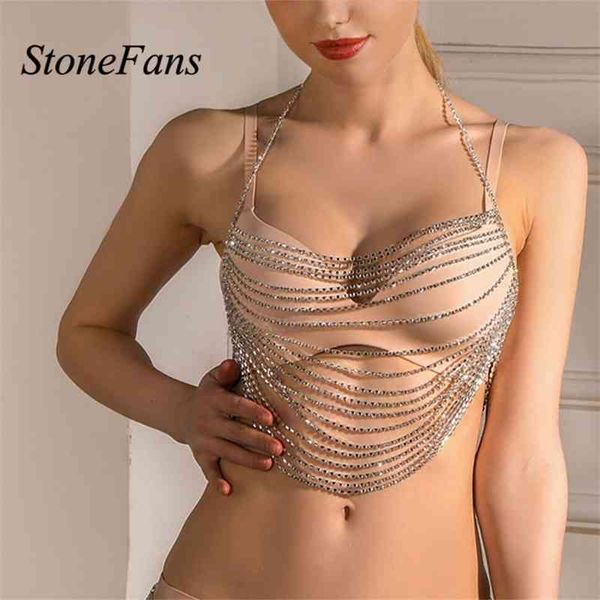 Stonesfans Brilhante Strass Bra Bra Jewellry Harness Colar Mulheres Cristal Top Biquini Borla Body Chain Cadeia Rasga Outfit
