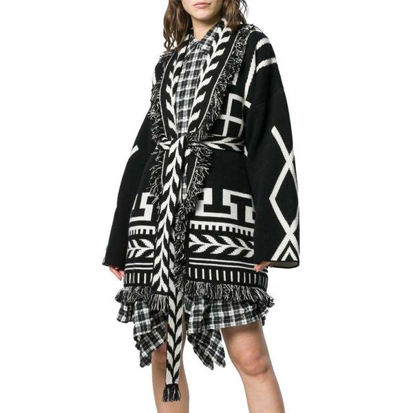 

women's knits & tees boho inspired cashmere jacquard belted cardigan long sleeve fringe shawl lapel knit for women winter coat, White