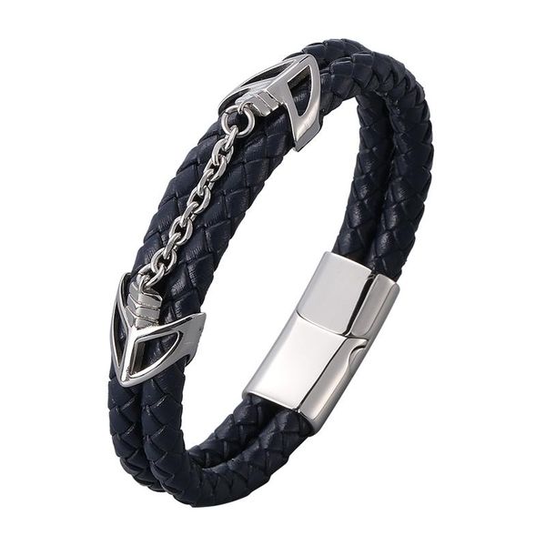 

new men jewelry double blue genuine leather handmade bracelets stainless steel magnetic buckle wristband for male gift pd1025, Golden;silver