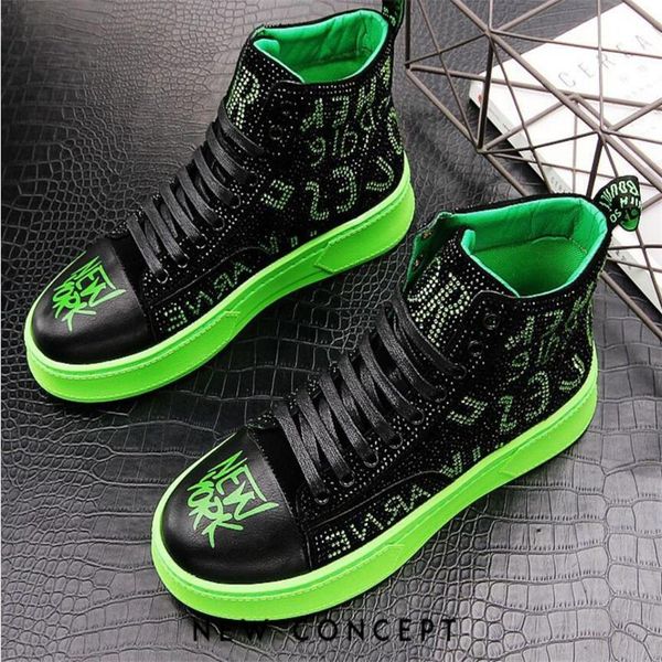 

2021 men fashion casual ankle boots spring autumn punk style trend shoes male leather high hip hop sneakers green, Black