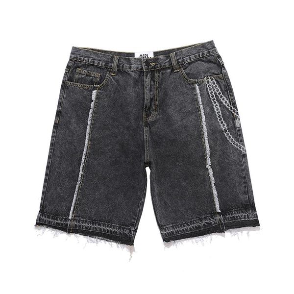 

men's shorts harajuku high street loose straight necklace print jeans men and women wide leg frayed hip hop denim oversize, White;black