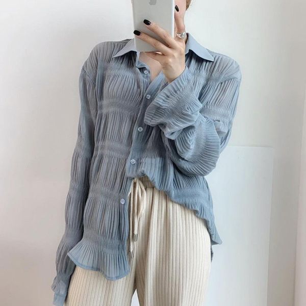 

2021 turn-down collar single breasted women loose shirts full sleeve chic ruched female solid shirts autumn blouses blusas mujer, White