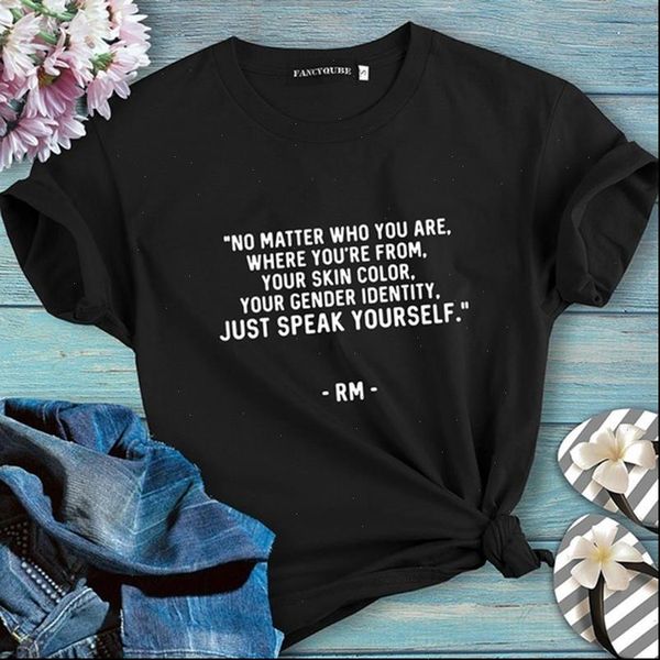 

women men kpop rap monster rm speak yourself 100% cotton letter print casual o neck short sleeve black t shirt, White