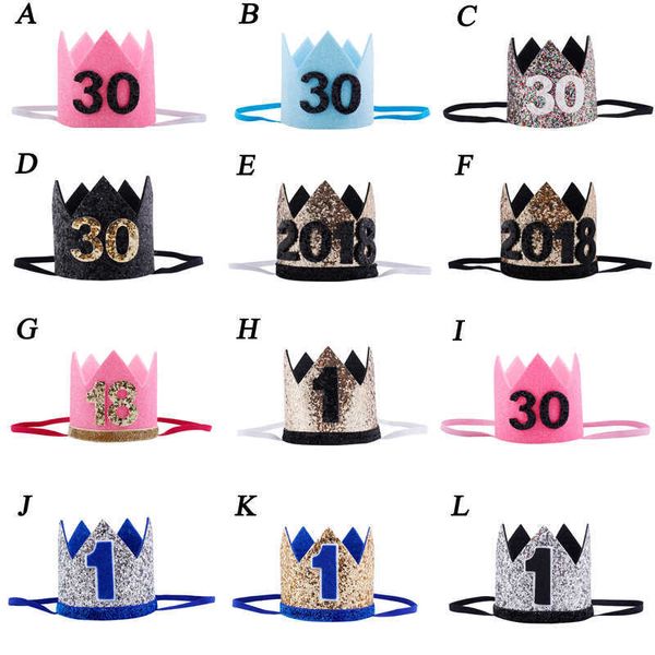 

kids new year 1st hat baby birthday party cap girl boys pink blue flowers princs crown headband hairwear