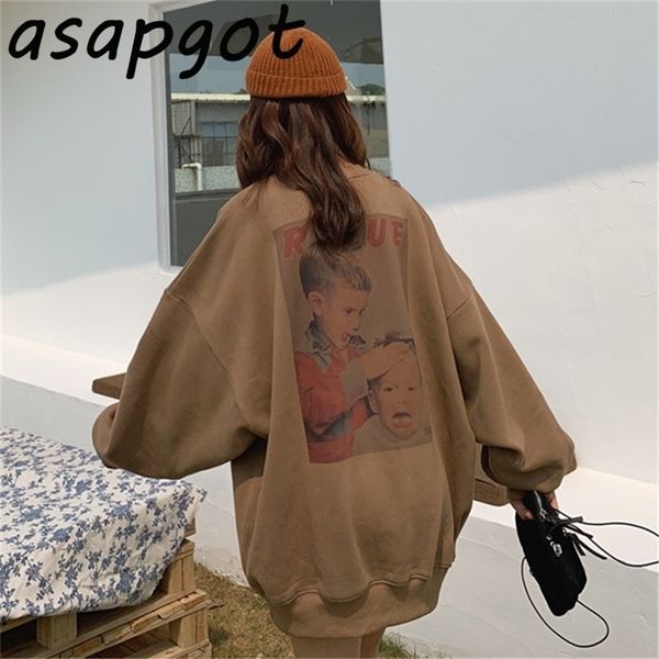 

autumn vintage plus velvet thickening loose lazy full lantern sleeve pullovers hoodies women cartoon printed letter harajuku 201126, Black