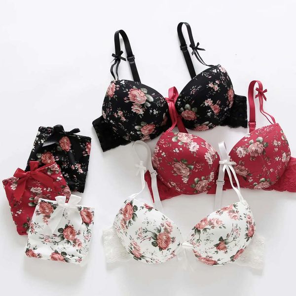 

classic style printed soft steel ring women's bra set underwear, Red;black