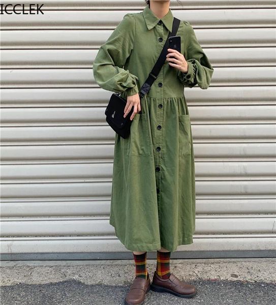 

icclek korean ins new fashion women french retro loose and thin lapel lantern long sleeve corduroy long dress, Black;gray