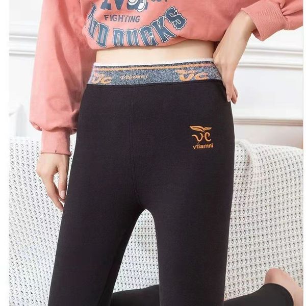 

elastic high waist support leggings women autumn thick fleece pants winter sport fitness pants skin-friendly embroidery design, Black;white
