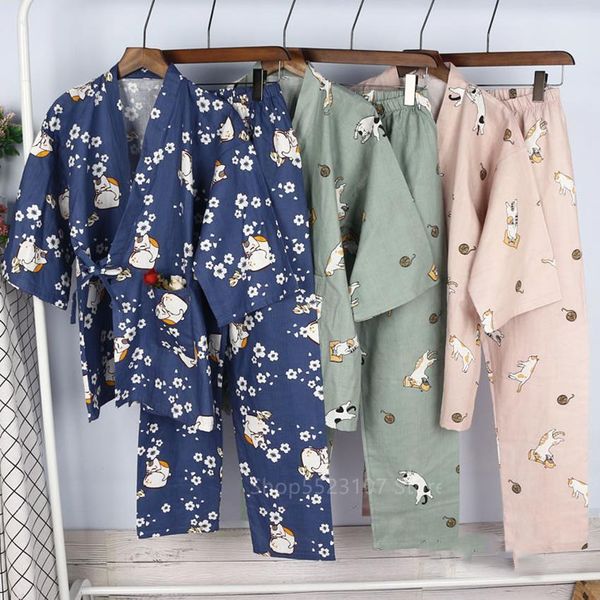 

cartoon cat women pajamas japanese traditional kimono men spa sauna bathing sleepwear cotton yukata harajuku trousers suit, Black;red