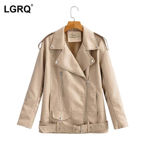 

women's leather & faux [lgqr] khaki belt biker loose pu leatherl jacket lapel long sleeve women coat fashion tide spring autumn 2021 19, Black