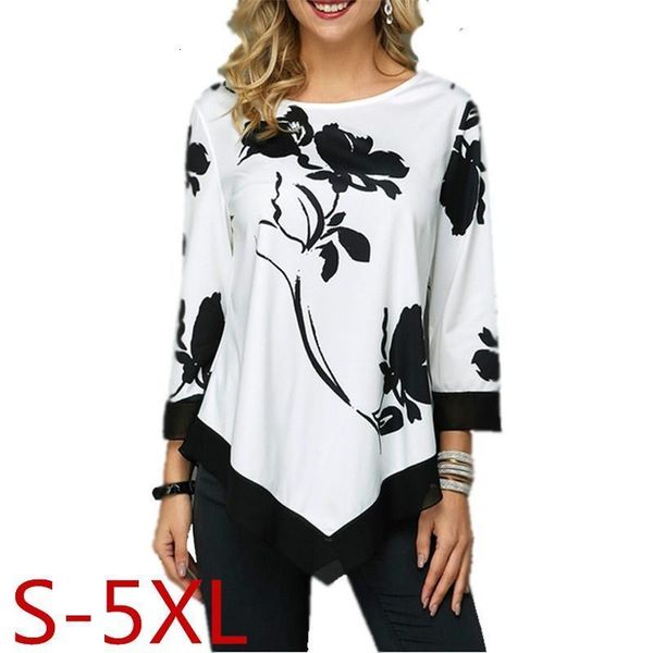 

plus size s-5xl women tee spring autumn female floral print t shirt casual o-neck irregular t shirt large size pullover, White
