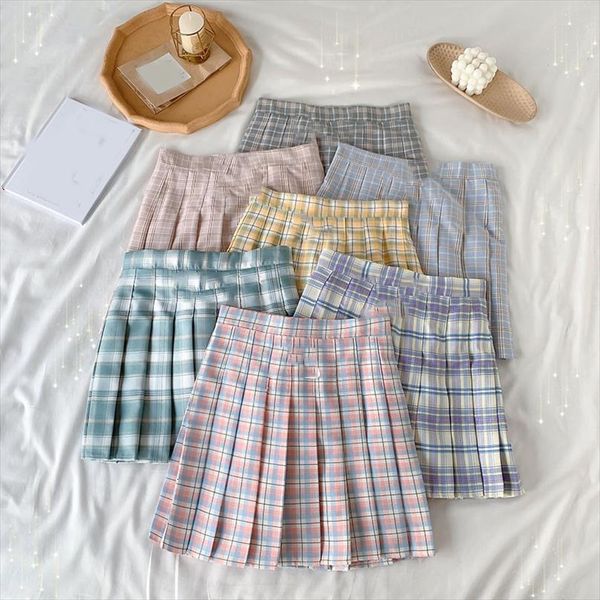

high waist plaid pleated spring womens skirt style all match a line side zipper short skirts, Black