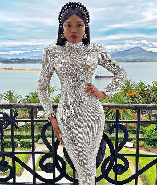 

2021 new 3 colors long sleeve mesh sequins sparkly green black white women winter designer evening party vestido ntcj, Black;gray