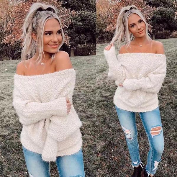 

women's sweaters off-shoulder sweater european style slash-neck long sleeve plush lantern pullover wholesale, White;black