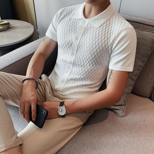 

men's polos british style fashion grid knitted men clothing 2021 simple turn down collar slim fit casual tee shirt homme short sleeve, White;black