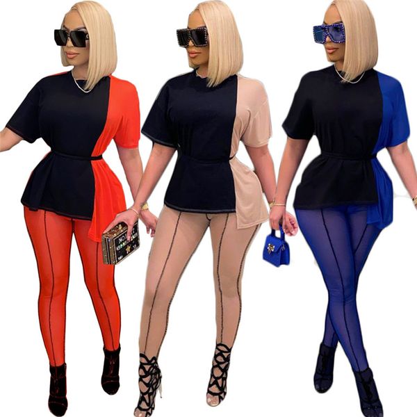 

contrast color womens designer 2pcs pants fashion guaze panelled perspective short sleeve long pants womens 2pcs sets casual females suits, White