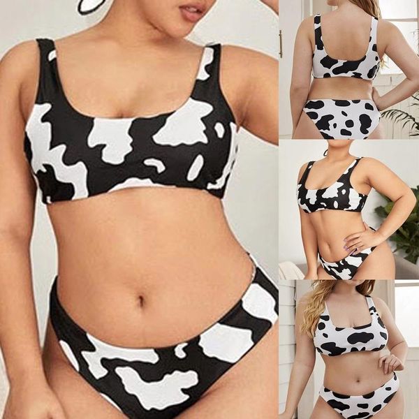 

women's swimwear fashion milk pattern high waist belly covered large size split swimsuit suit bathing in spring 2021, White;black