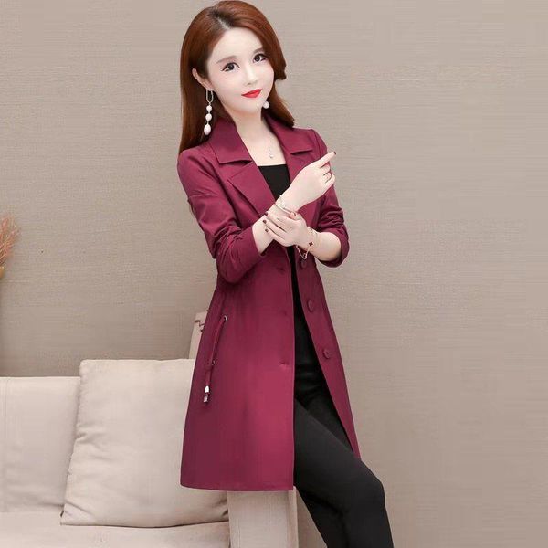 

women's wool & blends spring and autumn suit collar windbreaker mid-length 2021 slim thin mid-green noble lady temperament jacket, Black
