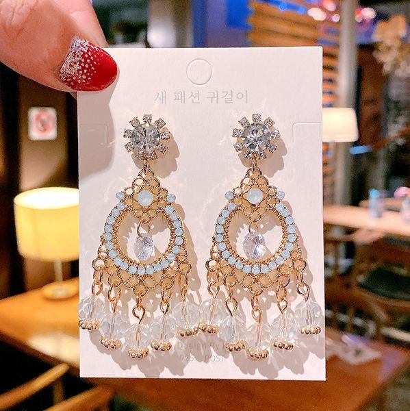

wholesale fashion large circle crystal tassel shiny rhinestone diamond pendant earrings jewelry, Blue;slivery