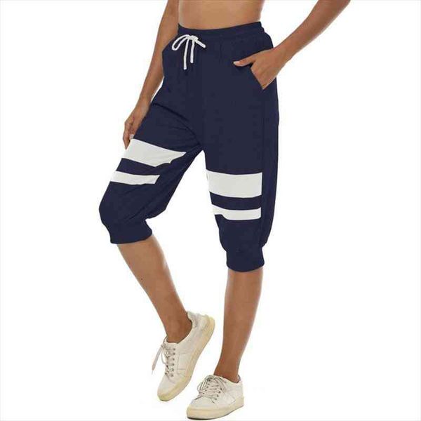 

joggers women sweatpants 3 4 summer capris side striped elastic high waist sport casual calf length trousers plus size y2k, Black;white