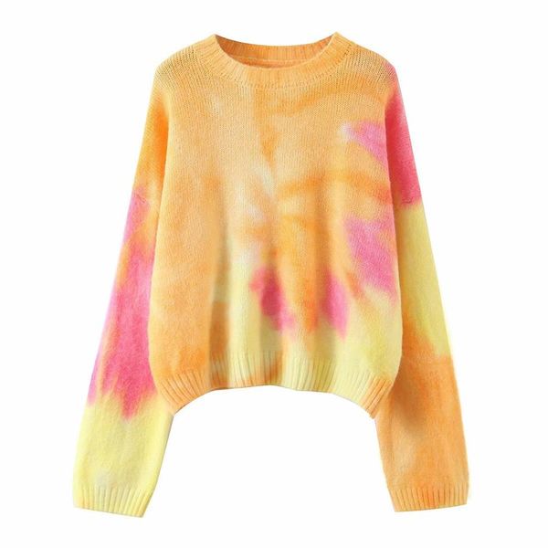 

2021 korea style vintage candy color tie dye pullovers sweater o neck long sleeve loose short jumper coll girl streetwear, White;black