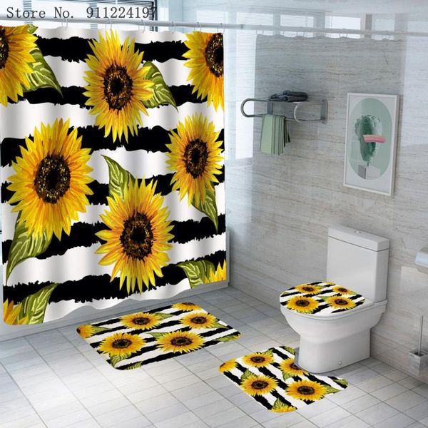 

shower curtains 3d sunflower printed waterproof curtain bathroom black white stripes rug toilet lid cover carpet bath mat sets