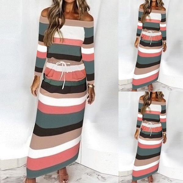 

casual dresses women's off-shoulder stitching contrast color drawstring long-sleeved maxi dress vestidos plus size elegant party, Black;gray