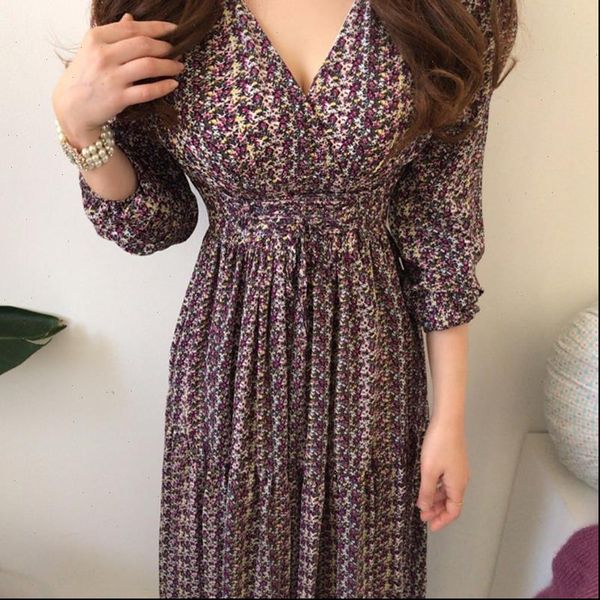 

yamdi vintage a line dress women 2021 spring autumn korean woman elastic high waist long sleeve v neck print elegant midi dress, Black;gray