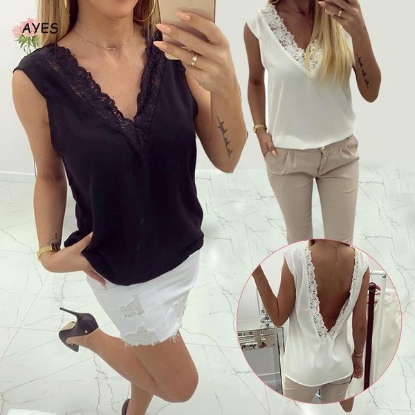 

women's t-shirt elegant white lace tshirts women 2021 summer v-neck sleeveless female loose solid color office lady work tee shirt