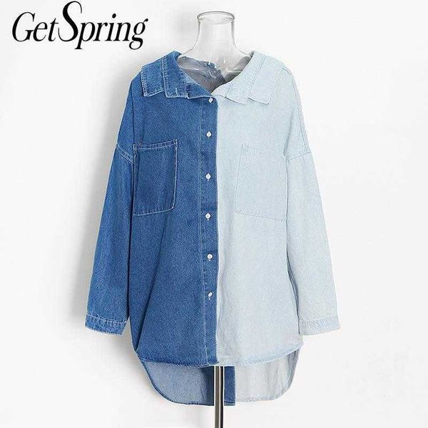 

getspring women blouse patchwork color matching denim women's shirt long sleeve casual 210601, White