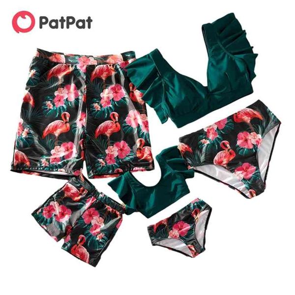 

summer ruffle sleeve flamingo print matching swimsuits 210528, Blue