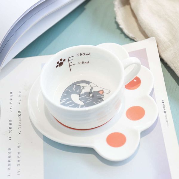 

creative cat paw ceramic plate mug set cartoon kitten coffee milk mugs children cup office kitchen drinkware gift selling