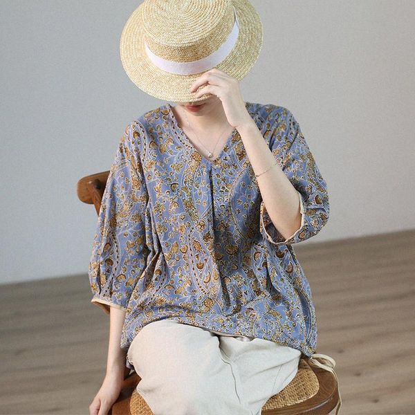 

women's blouses & shirts summer women loose oversize japan style mori girl floral print comfortable breathable thin lightweight cotton, White