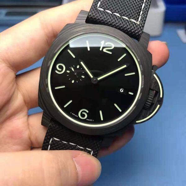 

luxury watch pam1118 vs men's carbon fiber case, 42mm nylon strap, bottom through, sapphire scratch resistant mirror, Slivery;brown