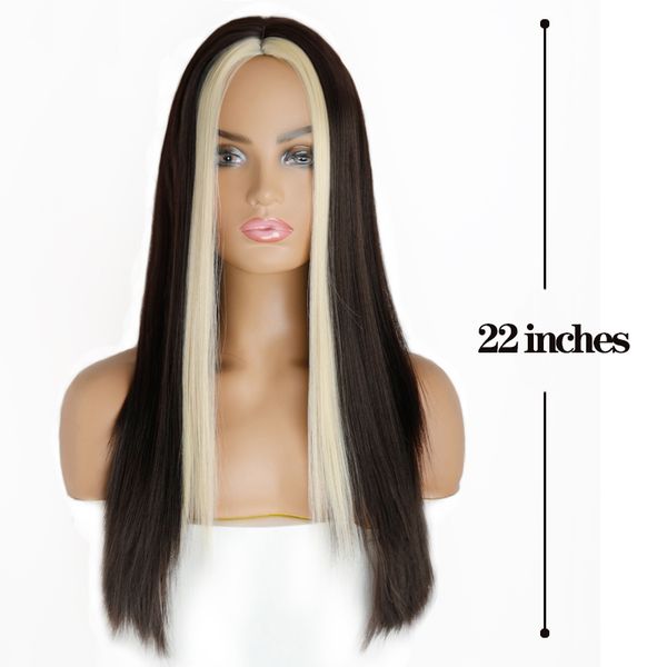 

black long straight wig for women both sides gold hair middle part heat resistant wavy cosplay wig for girlfactory direct