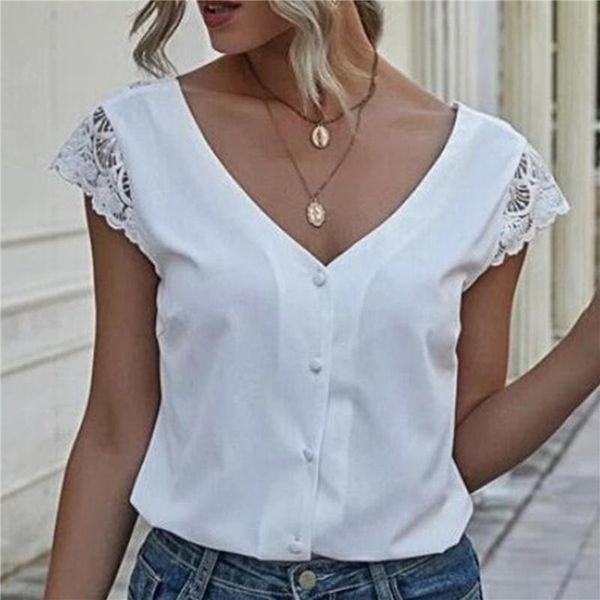 

women's blouses & shirts women lace short fashion loose blouse sleeve casual vintage v-neck solid color clothes for feminina, White